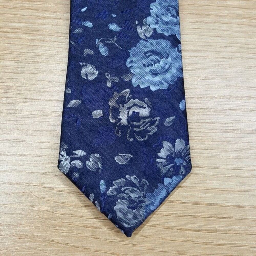 BAR III Mens Neck Tie Blue Floral Skinny Slim Pointed Woven Textured Silk Blend
